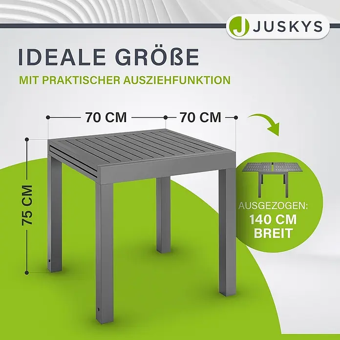 Juskys Gartentisch Laki - L x B x H: 70 x 70 x 75 cm, Aluminium, Grau - Grauer ausziehbarer Tisch, 70x70x75 cm, ausziehbar auf 140 cm Breite.