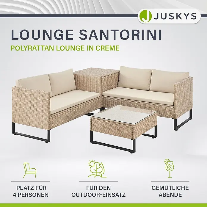 Juskys Loungemöbel-Set Santorini - 4 -tlg., Möbel: Stahl (pulverbeschichtet), Polyrattan, gehärtetes Glas; Polster/Kissen: 100 % Polyestergewebe, Farbe Möbel: CremeFarbe Polster/Kissen: SandMax. Belastbarkeit je Bank: 320 kg, Beige - Cremefarbene Polyrattan Lounge Santorini für 4 Personen, geeignet für den Outdoor-Einsatz.