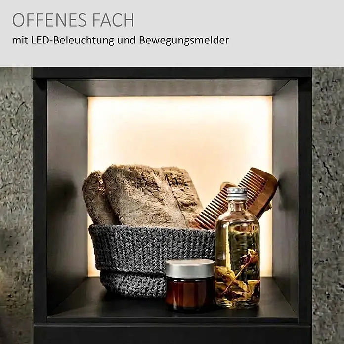 Camargue Star Hochschrank - 30,4 x 32,5 x 181,6 cm, Schwarz, DIN Anschlag: Links - Dunkles offenes Fach mit LED-Beleuchtung und Bewegungsmelder, bestückt mit Badaccessoires.