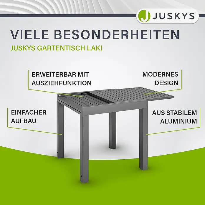 Juskys Gartentisch Laki - L x B x H: 70 x 70 x 75 cm, Aluminium, Grau - Dunkelgrauer Aluminium-Gartentisch mit Ausziehfunktion.