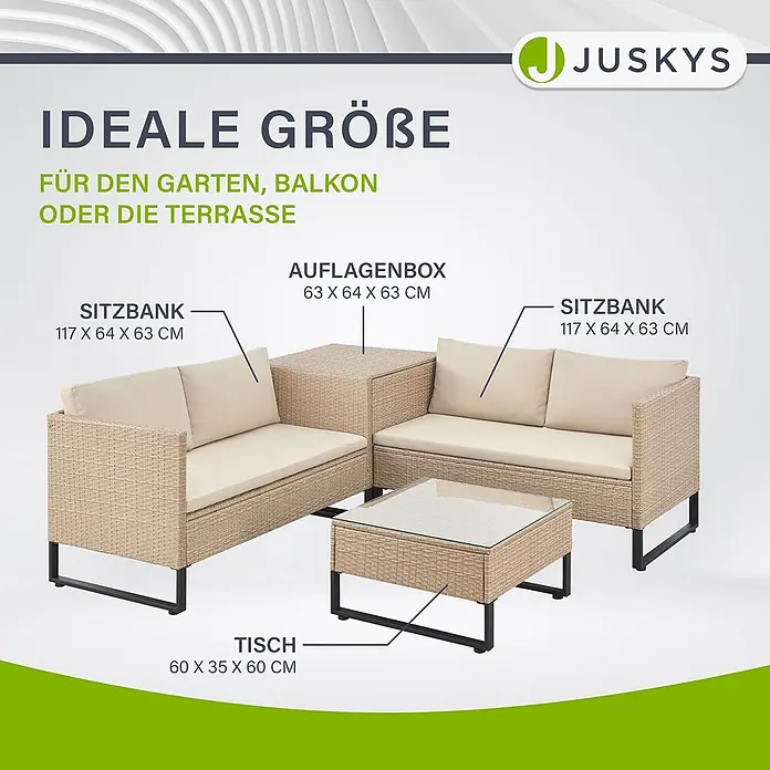 Juskys Loungemöbel-Set Santorini - 4 -tlg., Möbel: Stahl (pulverbeschichtet), Polyrattan, gehärtetes Glas; Polster/Kissen: 100 % Polyestergewebe, Farbe Möbel: CremeFarbe Polster/Kissen: SandMax. Belastbarkeit je Bank: 320 kg, Beige - Beige Rattan-Gartenmöbelset mit zwei Sofas, einer Auflagenbox und einem Glastisch, ideal für Balkon oder Terrasse.