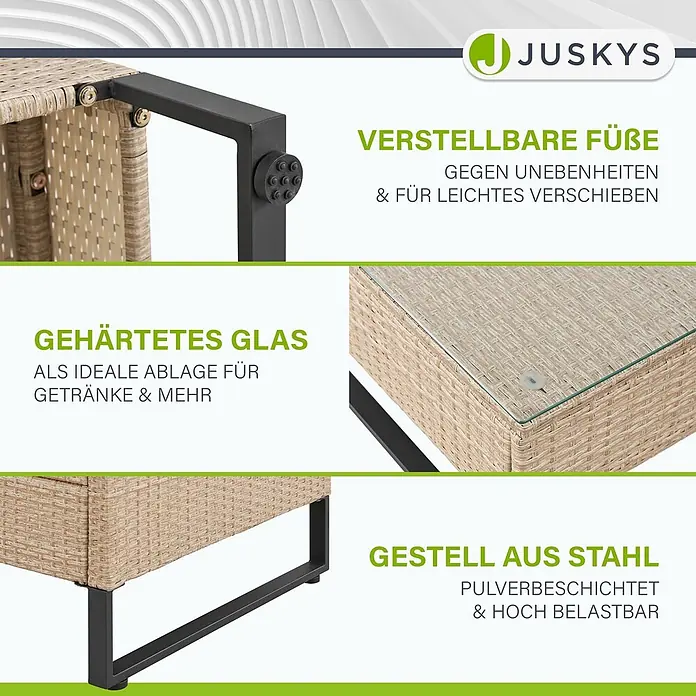 Juskys Loungemöbel-Set Santorini - 4 -tlg., Möbel: Stahl (pulverbeschichtet), Polyrattan, gehärtetes Glas; Polster/Kissen: 100 % Polyestergewebe, Farbe Möbel: CremeFarbe Polster/Kissen: SandMax. Belastbarkeit je Bank: 320 kg, Beige - Beiger Outdoor-Tisch aus Geflecht mit gehärteter Glasplatte, schwarz pulverbeschichtetem Stahlgestell und verstellbaren Füßen.