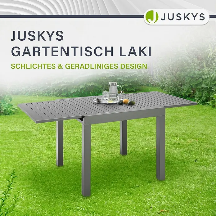 Juskys Gartentisch Laki - L x B x H: 70 x 70 x 75 cm, Aluminium, Grau - Grauer Gartentisch mit Krug und Gläsern. Schlichtes Design.
