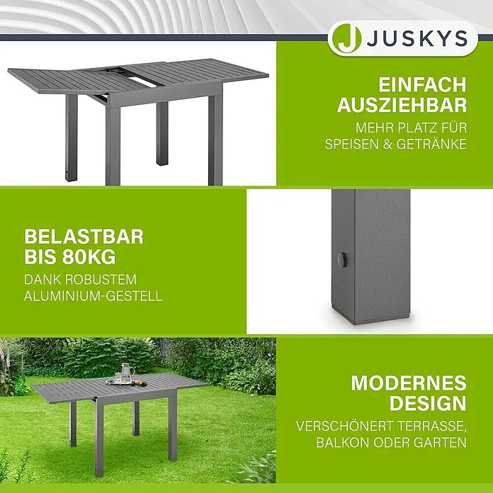 Juskys Gartentisch Laki - L x B x H: 70 x 70 x 75 cm, Aluminium, Grau - Ausziehbarer grauer Aluminium-Gartentisch, im Garten platziert.