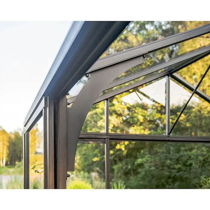 Bloomcabin Gewächshaus Aluminium Wandgewächshaus - Außenmaß inkl. Dachüberstand (B x T): 309 x 160 cm, Höhe: 251 cm, Material Seitenwand: Glas, 4 mm, Schwarz - Dunkelgraues Aluminium-Gewächshaus mit klaren Glaspaneelen, zeigt robuste Rahmen.