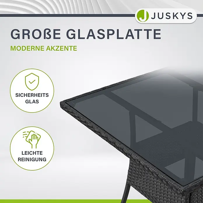Juskys Gartentisch Yoro - L x B x H: 80 x 80 x 73 cm, Polyrattan, Schwarz - Dunkelgrauer Gartentisch in Rattan-Optik mit großer Sicherheitsglasplatte.