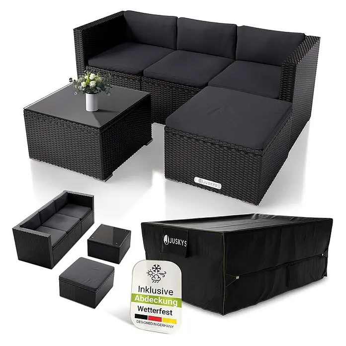Juskys Loungemöbel-Set Punta Cana - 4 -tlg., Gestell: Stahl, pulverbeschichtet; Geflecht: Polyrattan; Sitz- und Rückenkissen: Polyester, Schaumstoff; Glasplatte: Sicherheitsglas; Abdeckung: 420D Oxford-Gewebe (100 g/m²), PU-Beschichtung, Schwarz - Schwarze Rattan Gartenlounge mit dunkelgrauen Kissen, Couchtisch mit Glasplatte, Hocker und wetterfester Schutzhülle.