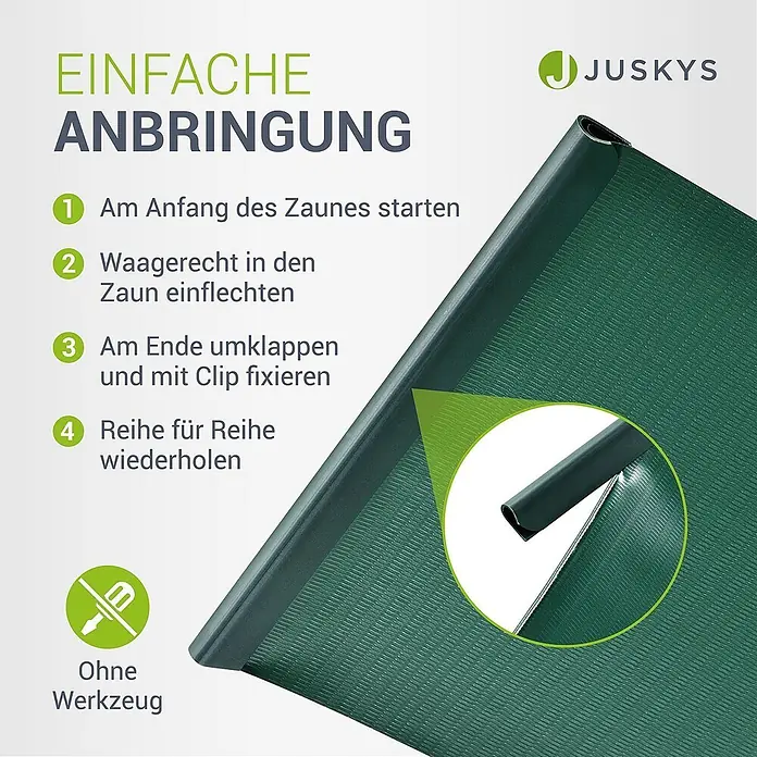 Juskys Sichtschutzelement Sichtschutzstreifen - B x H: 3.500 x 19 cm, Kunststoff, Grün - Dunkelgrüner Sichtschutzstreifen für Zäune mit verstärkter Faltkante zur werkzeuglosen Montage.