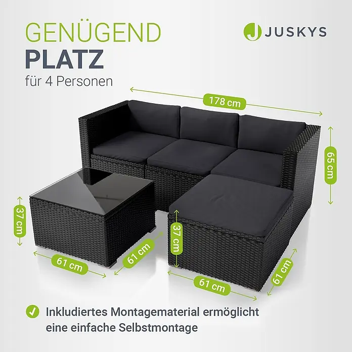 Juskys Loungemöbel-Set Punta Cana - 3 -tlg., Gestell: Stahl, pulverbeschichtet; Geflecht: Polyrattan; Sitz- und Rückenkissen: Polyester, Schaumstoff; Glasplatte: Sicherheitsglas, Farbe Geflecht: SchwarzFarbe der Bezüge: GrauAnzahl Sitzplätze: 3 - 4, Schwarz - Schwarze Rattan-Gartenlounge für 4 Personen mit Sofa, Couchtisch und Ottomane, dunklen Kissen und einfacher Montage.