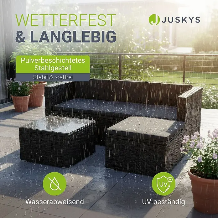 Juskys Loungemöbel-Set Punta Cana - 3 -tlg., Gestell: Stahl, pulverbeschichtet; Geflecht: Polyrattan; Sitz- und Rückenkissen: Polyester, Schaumstoff; Glasplatte: Sicherheitsglas, Farbe Geflecht: SchwarzFarbe der Bezüge: GrauAnzahl Sitzplätze: 3 - 4, Schwarz - Dunkles Rattan-Lounge-Set mit Polstern, draußen im Regen, wetterfest, UV-stabil und wasserabweisend.