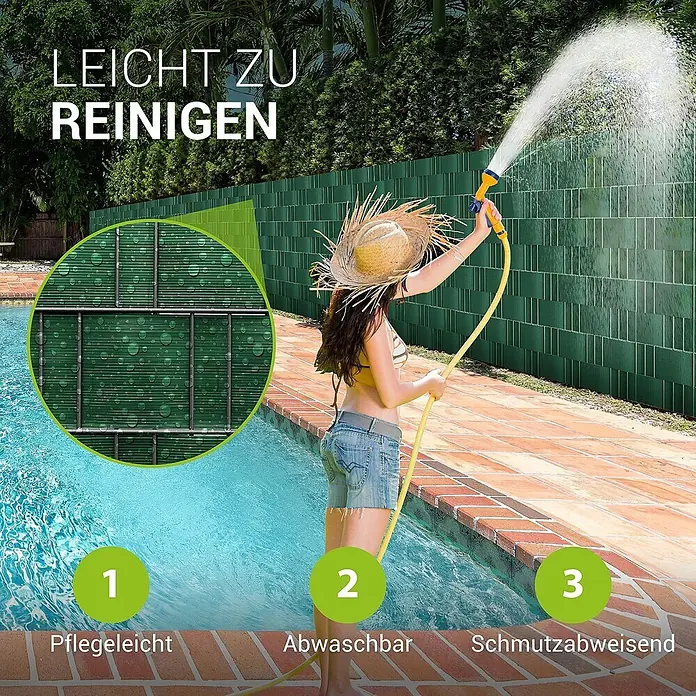 Juskys Sichtschutzelement Sichtschutzstreifen - B x H: 3.500 x 19 cm, Kunststoff, Grün - Grüner Sichtschutzzaun wird mit Wasser gereinigt, betont die pflegeleichten und schmutzabweisenden Eigenschaften.