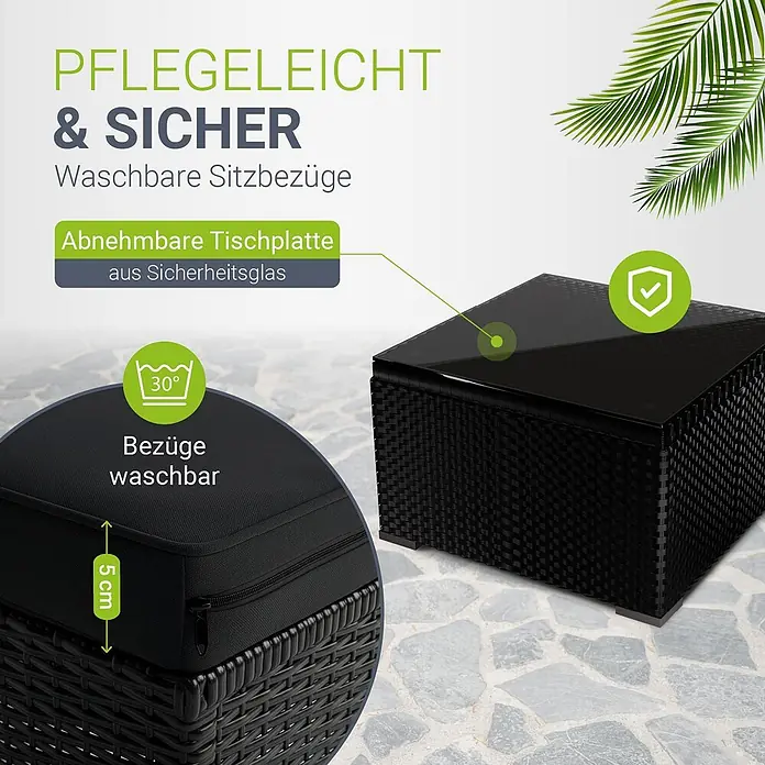 Juskys Loungemöbel-Set Punta Cana - 3 -tlg., Gestell: Stahl, pulverbeschichtet; Geflecht: Polyrattan; Sitz- und Rückenkissen: Polyester, Schaumstoff; Glasplatte: Sicherheitsglas, Farbe Geflecht: SchwarzFarbe der Bezüge: GrauAnzahl Sitzplätze: 3 - 4, Schwarz - Schwarzer Rattan-Beistelltisch/Hocker mit abnehmbarer Sicherheitsglasplatte und waschbarem 5cm-Kissen.