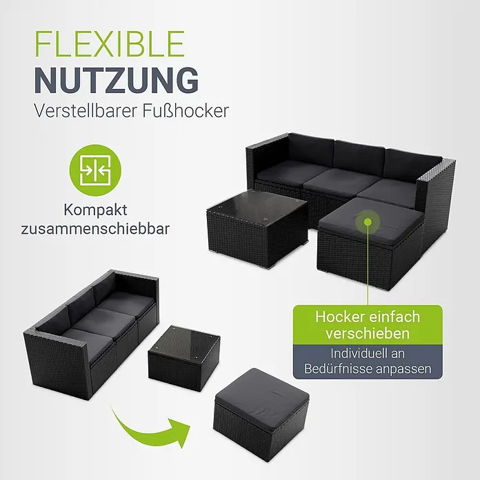 Juskys Loungemöbel-Set Punta Cana - 3 -tlg., Gestell: Stahl, pulverbeschichtet; Geflecht: Polyrattan; Sitz- und Rückenkissen: Polyester, Schaumstoff; Glasplatte: Sicherheitsglas, Farbe Geflecht: SchwarzFarbe der Bezüge: GrauAnzahl Sitzplätze: 3 - 4, Schwarz - Schwarzes Rattan-Gartenmöbelset mit dunkelgrauen Kissen, modular als Sofa mit Tisch und beweglichem Fußhocker oder L-förmige Lounge konfigurierbar.