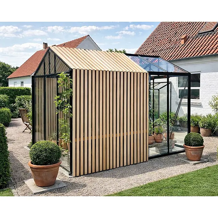 Bloomcabin Gewächshaus Aluminium Limited Edition mit Accoya-Fusion - Außenmaß inkl. Dachüberstand (B x T): 235 x 309 cm, Material Seitenwand: Glas, 4 mm, Schwarz - Modernes Gewächshaus mit schwarzem Rahmen, Klarglas und natürlicher Holzlamellenwand im Garten.