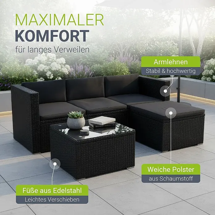 Juskys Loungemöbel-Set Punta Cana - 3 -tlg., Gestell: Stahl, pulverbeschichtet; Geflecht: Polyrattan; Sitz- und Rückenkissen: Polyester, Schaumstoff; Glasplatte: Sicherheitsglas, Farbe Geflecht: SchwarzFarbe der Bezüge: GrauAnzahl Sitzplätze: 3 - 4, Schwarz - Schwarze Rattan-Loungegarnitur für den Außenbereich mit bequemen grauen Kissen und Glastisch, mit Edelstahlfüßen.