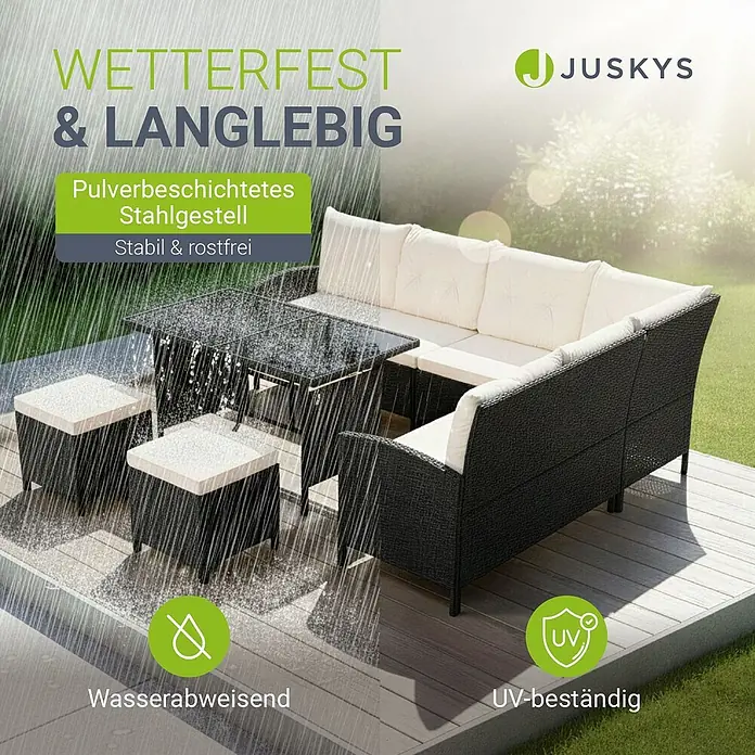 Juskys Loungemöbel-Set Manacor - 4 -tlg., Gestell: Stahl, pulverbeschichtet; Geflecht: Polyrattan; Tischplatten: Sicherheitsglas; Sitzkissen: 100 % Schaumstoff; Bezüge: 100 % Polyester, Farbe Geflecht: SchwarzFarbe Bezüge: CremeStärke Glasplatte: 5 mmAnzahl Sitzkissen: 5Anzahl Rückenkissen: 7Kissenstärke: 5 cmBezüge: 220 g/m2, Creme - Wetterfestes, dunkles Rattan-Garten-Loungeset mit cremefarbenen Kissen, Glastisch und Hockern. Mit pulverbeschichtetem Stahlgestell, wasserabweisend und UV-beständig.