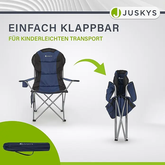Juskys Campingstuhl Lido - Polyester, Klappbar, blau, B x T x H: 62 x 62 x 102 cm - Blauer und schwarzer Klappstuhl, aufgeklappt, zusammengeklappt und in Tragetasche für einfachen Transport dargestellt.