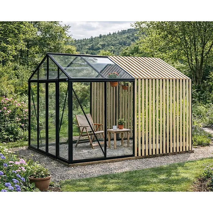 Bloomcabin Gewächshaus Aluminium Limited Edition mit Accoya-Fusion - Außenmaß inkl. Dachüberstand (B x T): 309 x 309 cm, Material Seitenwand: Glas, 4 mm, Schwarz - Modernes Gewächshaus mit schwarzem Rahmen, Glasscheiben und vertikalen Holzlamellen in einem Garten.