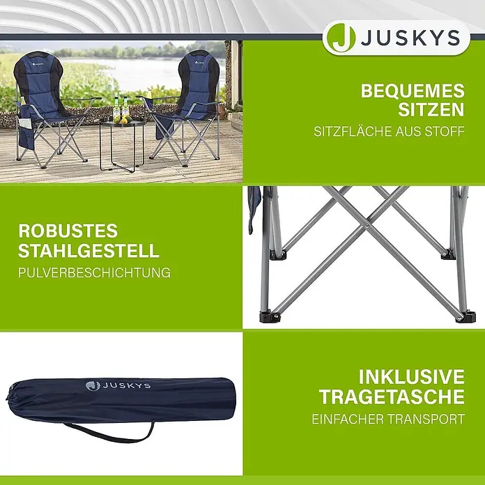 Juskys Campingstuhl Lido - Polyester, Klappbar, blau, B x T x H: 62 x 62 x 102 cm - Zwei blaue Stoff-Campingstühle mit robustem Stahlgestell und kleinem Tisch. Inklusive Tragetasche für einfachen Transport.