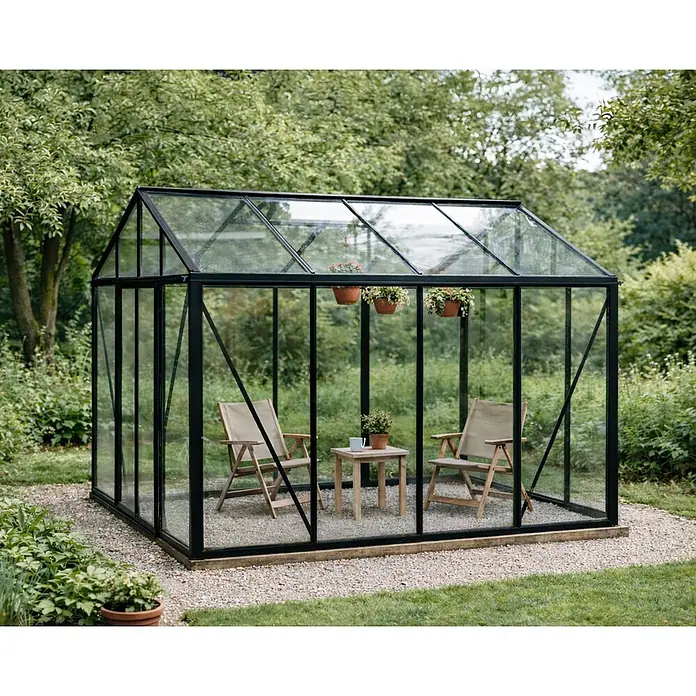 Bloomcabin Gewächshaus Aluminium Klassik - Außenmaß inkl. Dachüberstand (B x T): 309 x 309 cm, Material Seitenwand: Glas, 4 mm, Schwarz - Ein Gewächshaus mit schwarzem Rahmen und Glas in einem Garten, innen mit zwei Holzstühlen und einem Tisch als Rückzugsort eingerichtet.