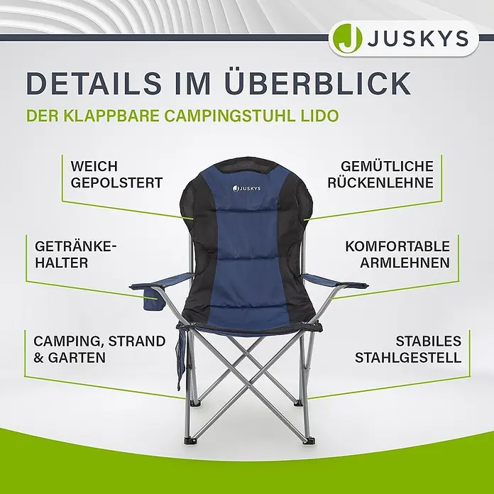 Juskys Campingstuhl Lido - Polyester, Klappbar, blau, B x T x H: 62 x 62 x 102 cm - Blauer/schwarzer Klapp-Campingstuhl mit Polsterung, bequemer Rückenlehne/Armlehnen, Getränkehalter und stabilem Stahlgestell.