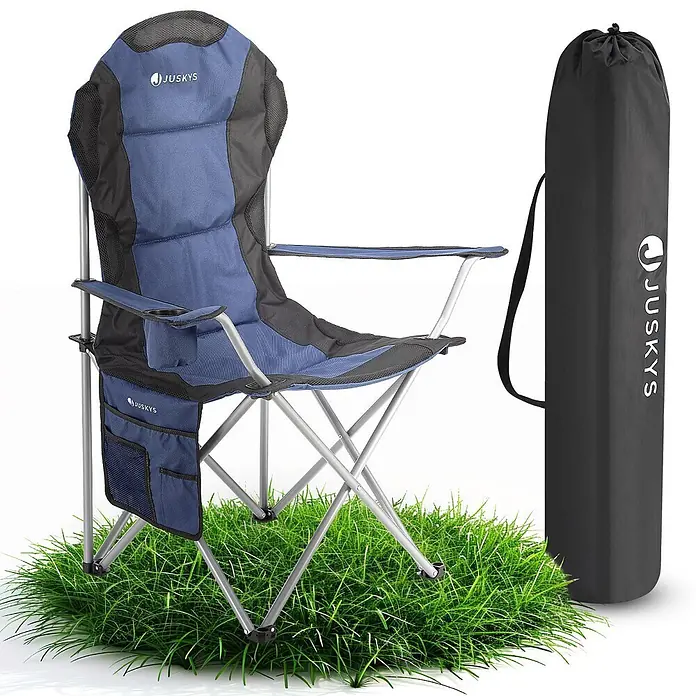 Juskys Campingstuhl Lido - Polyester, Klappbar, blau, B x T x H: 62 x 62 x 102 cm - Blau-schwarzer Campingstuhl mit Tasche und schwarzer Tragetasche.