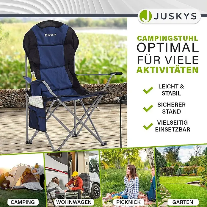 Juskys Campingstuhl Lido - Polyester, Klappbar, blau, B x T x H: 62 x 62 x 102 cm - Blauer und schwarzer Klapp-Campingstuhl mit Seitentaschen, gezeigt im Outdoor-Einsatz für Camping, Picknick und Garten.