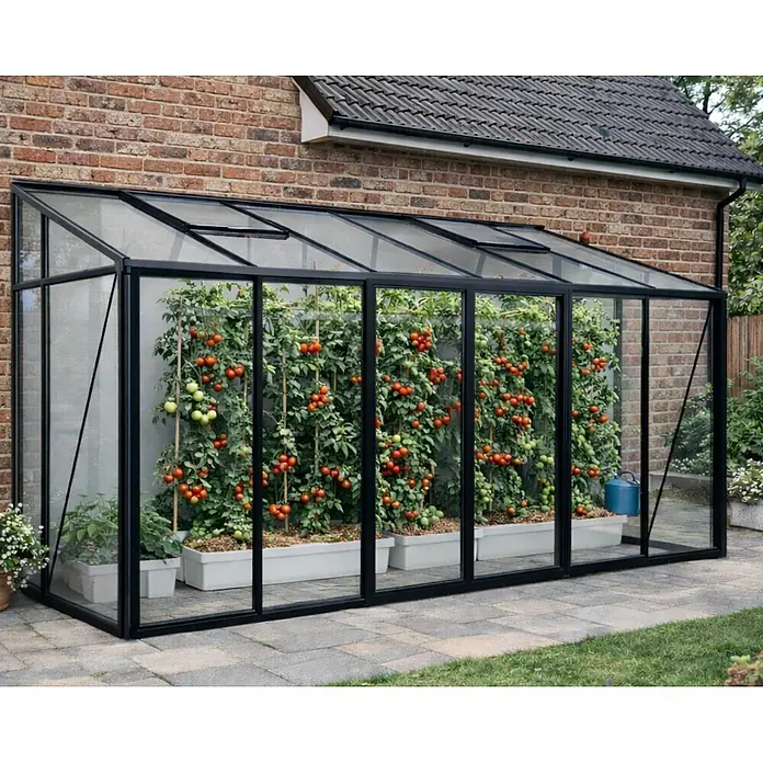 Bloomcabin Gewächshaus Aluminium Wandgewächshaus - Außenmaß inkl. Dachüberstand (B x T): 459 x 160 cm, Höhe: 251 cm, Material Seitenwand: Glas, 4 mm, Schwarz - Großes Anlehn-Gewächshaus mit schwarzem Aluminiumrahmen und Glasplatten, gefüllt mit reifen Tomatenpflanzen in weißen Pflanzkästen an einem Backsteinhaus.