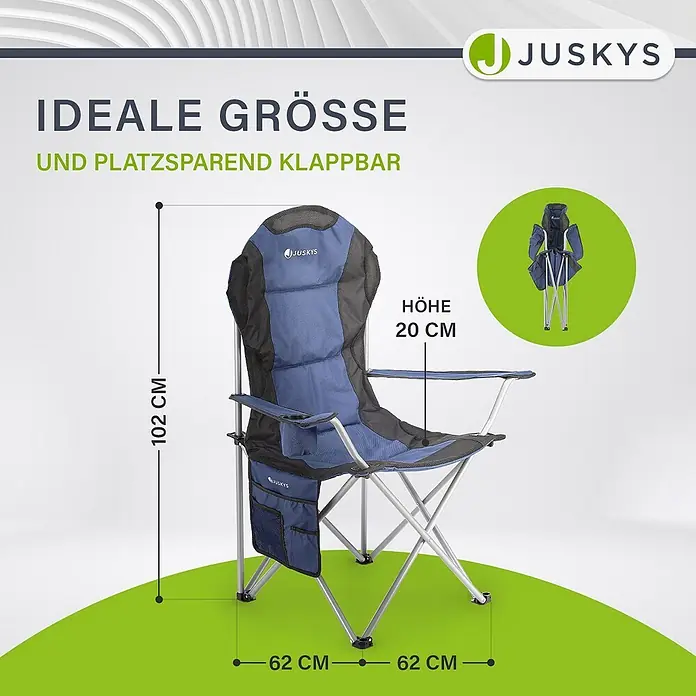 Juskys Campingstuhl Lido - Polyester, Klappbar, blau, B x T x H: 62 x 62 x 102 cm - Blau-schwarzer faltbarer Campingstuhl mit Armlehnen, Maße 102x62x62 cm und 20 cm Sitzhöhe.