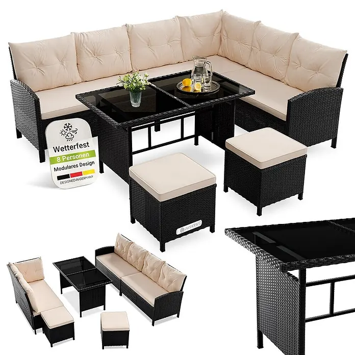 Juskys Loungemöbel-Set Manacor - 4 -tlg., Gestell: Stahl, pulverbeschichtet; Geflecht: Polyrattan; Tischplatten: Sicherheitsglas; Sitzkissen: 100 % Schaumstoff; Bezüge: 100 % Polyester, Farbe Geflecht: SchwarzFarbe Bezüge: CremeStärke Glasplatte: 5 mmAnzahl Sitzkissen: 5Anzahl Rückenkissen: 7Kissenstärke: 5 cmBezüge: 220 g/m2, Creme - Modulares schwarzes Rattan 8-Sitzer Gartenlounge-Set mit beigen Kissen und schwarzem Glastisch. Wetterfest.