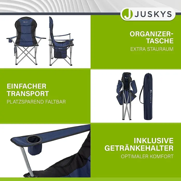 Juskys Campingstuhl Lido - Polyester, Klappbar, blau, B x T x H: 62 x 62 x 102 cm - Blauer, schwarzer Klappstuhl mit Organizer-Tasche und Becherhalter, offen, gefaltet und in Tragetasche gezeigt.