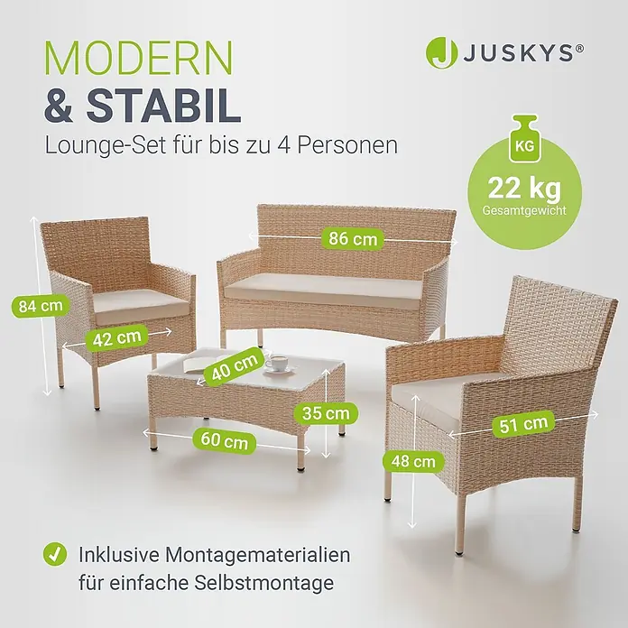 Juskys Loungemöbel-Set Fort Myers - 4 -tlg., Polyrattan, Creme - Beiges Rattan Lounge-Set mit cremefarbenen Kissen, bestehend aus Sofa, zwei Sesseln und Couchtisch. Gesamtgewicht 22 kg.