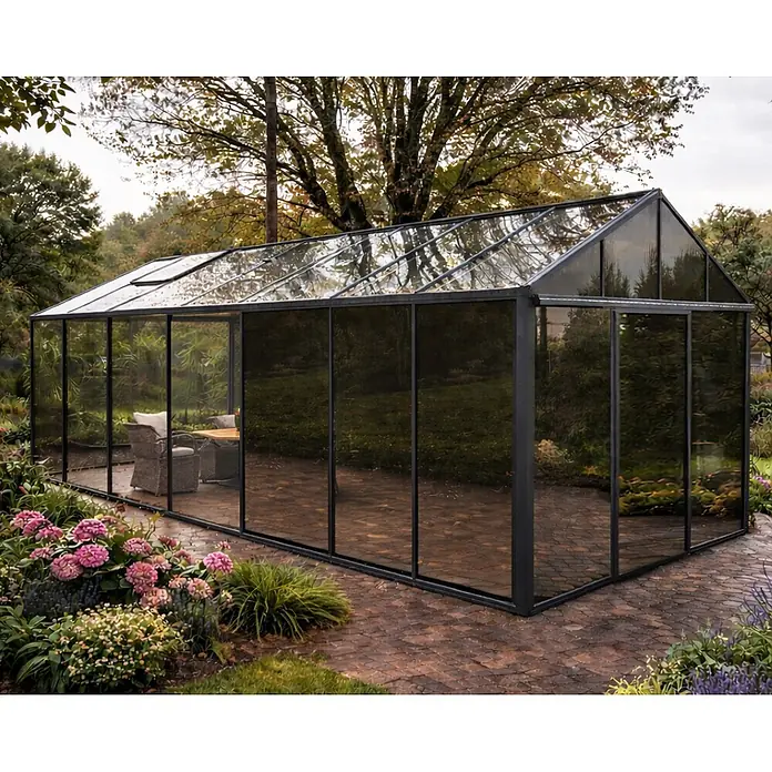 Bloomcabin Gewächshaus Aluminium Klassik mit großem integrierten Stauraum - Außenmaß inkl. Dachüberstand (B x T): 235 x 533 cm, Material Seitenwand: Glas, 4 mm, Schwarz - Modernes Gewächshaus mit schwarzem Rahmen und Glaspaneelen, als Gartenraum auf Ziegelterrasse eingerichtet.