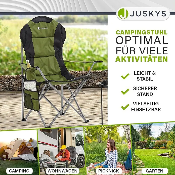 Juskys Campingstuhl Lido - Polyester, Klappbar, grün, B x T x H: 62 x 62 x 102 cm - Grüner und schwarzer Klapp-Campingstuhl mit Seitentasche und Flaschenhalter, gezeigt beim Camping, Picknick und im Garten.