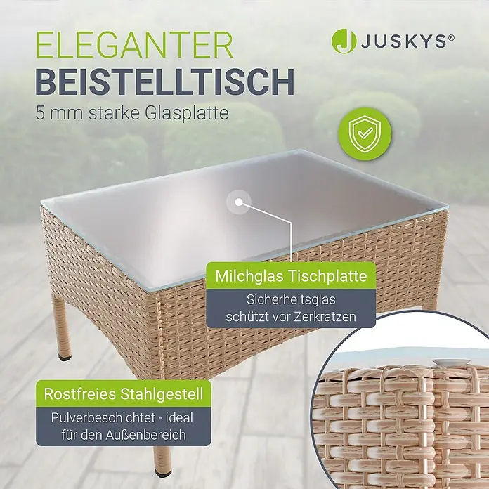 Juskys Loungemöbel-Set Fort Myers - 4 -tlg., Polyrattan, Creme - Eleganter Beistelltisch in Rattan-Optik mit Milchglas-Tischplatte und pulverbeschichtetem Edelstahlgestell für den Außenbereich.