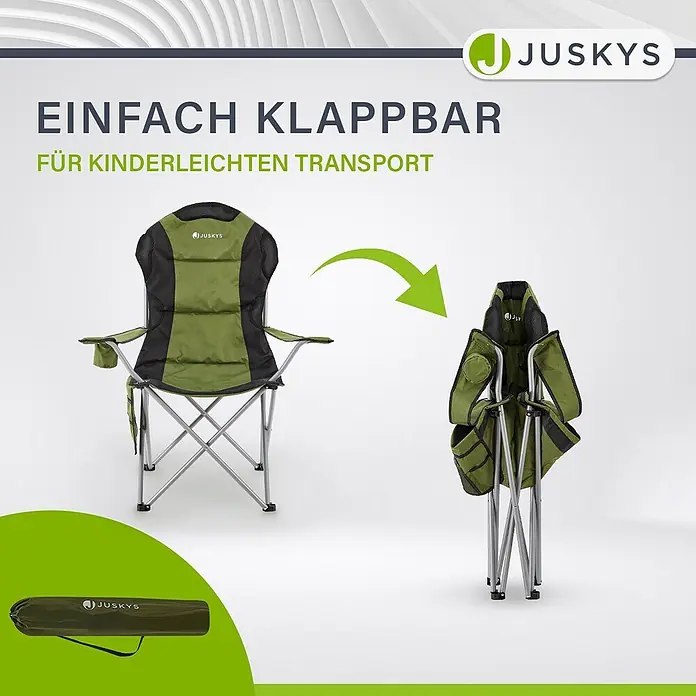 Juskys Campingstuhl Lido - Polyester, Klappbar, grün, B x T x H: 62 x 62 x 102 cm - Olivegrüner und schwarzer Klappstuhl, geöffnet, zusammengeklappt und in der Tragetasche für einfachen Transport.