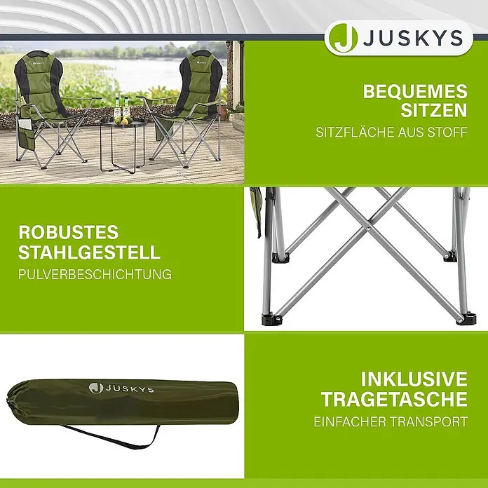Juskys Campingstuhl Lido - Polyester, Klappbar, grün, B x T x H: 62 x 62 x 102 cm - Zwei grüne Klappstühle mit Tisch auf einer Terrasse am See, mit robustem Stahlgestell, Stoffbezug und Tragetasche.
