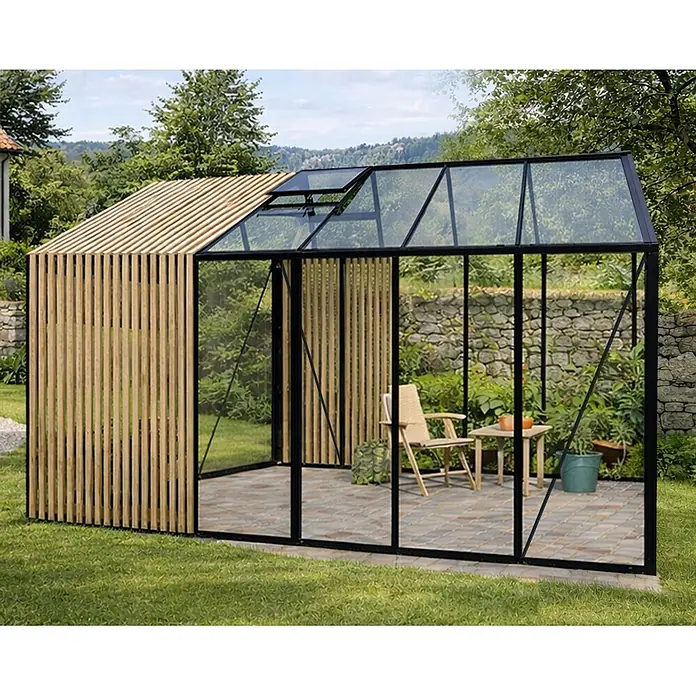 Bloomcabin Gewächshaus Aluminium Limited Edition mit Accoya-Fusion - Außenmaß inkl. Dachüberstand (B x T): 309 x 533 cm, Material Seitenwand: Glas, 4 mm, Schwarz - Modernes Gartenhaus mit Holzlamellenwand und schwarzgerahmten Glaspaneelen.