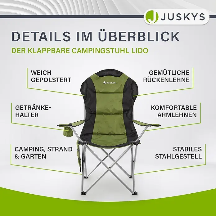 Juskys Campingstuhl Lido - Polyester, Klappbar, grün, B x T x H: 62 x 62 x 102 cm - Grüner und schwarzer Klapp-Campingstuhl mit Stahlgestell, weich gepolstertem Rücken, Armlehnen und Getränkehalter.