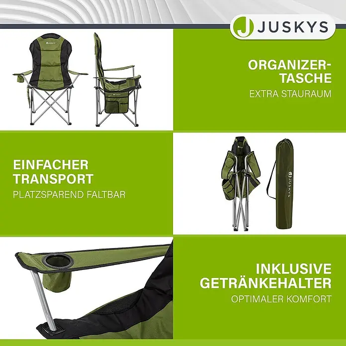Juskys Campingstuhl Lido - Polyester, Klappbar, grün, B x T x H: 62 x 62 x 102 cm - Grüner und schwarzer Klappstuhl mit Organizer-Tasche, Getränkehalter und Transporttasche.