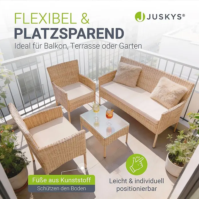 Juskys Loungemöbel-Set Fort Myers - 4 -tlg., Polyrattan, Creme - Helles, flexibles Outdoor-Sitzset aus Kunststoffgeflecht mit beigen Kissen für Balkon oder Terrasse.