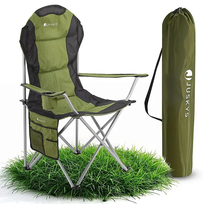 Juskys Campingstuhl Lido - Polyester, Klappbar, grün, B x T x H: 62 x 62 x 102 cm - Grün-schwarzer klappbarer Campingstuhl mit Tragetasche.