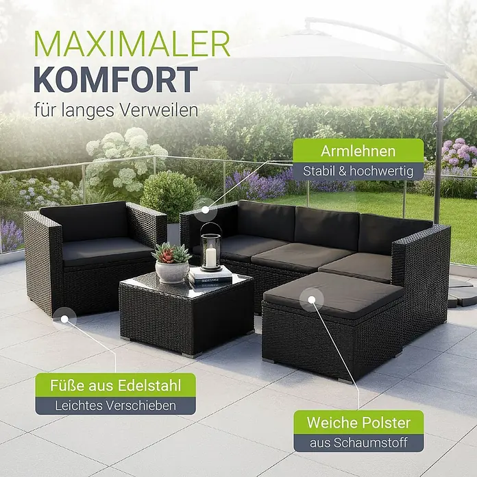 Juskys Loungemöbel-Set Punta Cana - 4 -tlg., Gestell: Stahl, pulverbeschichtet; Geflecht: Polyrattan; Sitz- und Rückenkissen: Polyester, Schaumstoff; Glasplatte: Sicherheitsglas, Farbe Geflecht: SchwarzFarbe Bezüge: DunkelgrauAnzahl Sitzplätze: 4 - 5, Schwarz - Schwarze Rattan-Loungegarnitur für draußen mit bequemen Polstern und Edelstahlfüßen auf einer Terrasse.