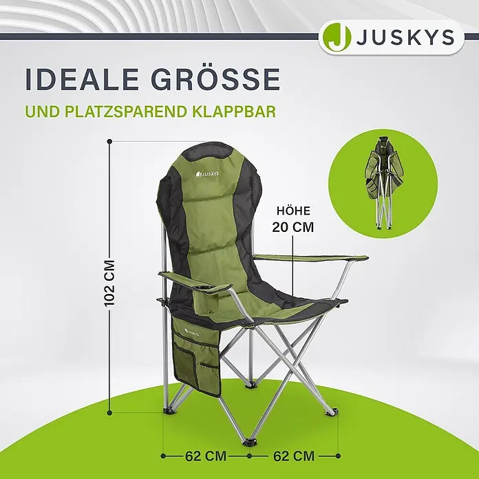 Juskys Campingstuhl Lido - Polyester, Klappbar, grün, B x T x H: 62 x 62 x 102 cm - Grün-schwarzer Jusky Klapp-Campingstuhl (H102x B62x T62cm, Rückenlehnenhöhe 20cm ab Armlehne), auch zusammengeklappt dargestellt.