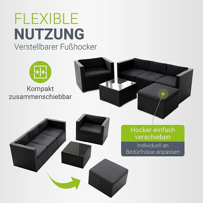 Juskys Loungemöbel-Set Punta Cana - 4 -tlg., Gestell: Stahl, pulverbeschichtet; Geflecht: Polyrattan; Sitz- und Rückenkissen: Polyester, Schaumstoff; Glasplatte: Sicherheitsglas, Farbe Geflecht: SchwarzFarbe Bezüge: DunkelgrauAnzahl Sitzplätze: 4 - 5, Schwarz - Dunkelgraue Rattan-Sitzgruppe für draußen mit Kissen, zeigt flexible Konfiguration von Sofa, Sessel, Tisch und Fußhocker.