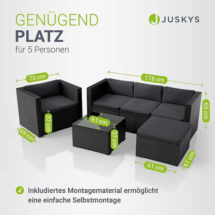 Juskys Loungemöbel-Set Punta Cana - 4 -tlg., Gestell: Stahl, pulverbeschichtet; Geflecht: Polyrattan; Sitz- und Rückenkissen: Polyester, Schaumstoff; Glasplatte: Sicherheitsglas, Farbe Geflecht: SchwarzFarbe Bezüge: DunkelgrauAnzahl Sitzplätze: 4 - 5, Schwarz - Schwarze Poly-Rattan Gartenlounge-Set mit dunkelgrauen Kissen, inklusive Sofa, Sessel, Couchtisch und Hocker, passend für 5 Personen.
