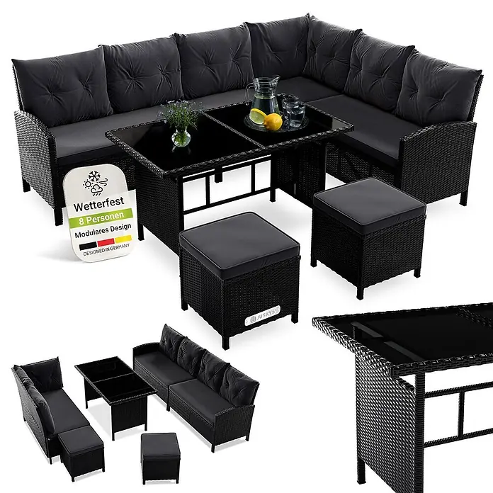 Juskys Loungemöbel-Set Manacor - 4 -tlg., Gestell: Stahl, pulverbeschichtet; Geflecht: Polyrattan; Tischplatten: Sicherheitsglas; Sitzkissen: 100 % Schaumstoff; Bezüge: 100 % Polyester, Farbe Geflecht: SchwarzFarbe Bezüge: DunkelgrauStärke Glasplatte: 5 mmAnzahl Sitzkissen: 5Anzahl Rückenkissen: 7Kissenstärke: 5 cmBezüge: 220 g/m2, Dunkelgrau - Schwarze Rattan-Gartenmöbelgarnitur mit dunkelgrauen Polstern, modulares L-Sofa, Glastisch und zwei Hocker.
