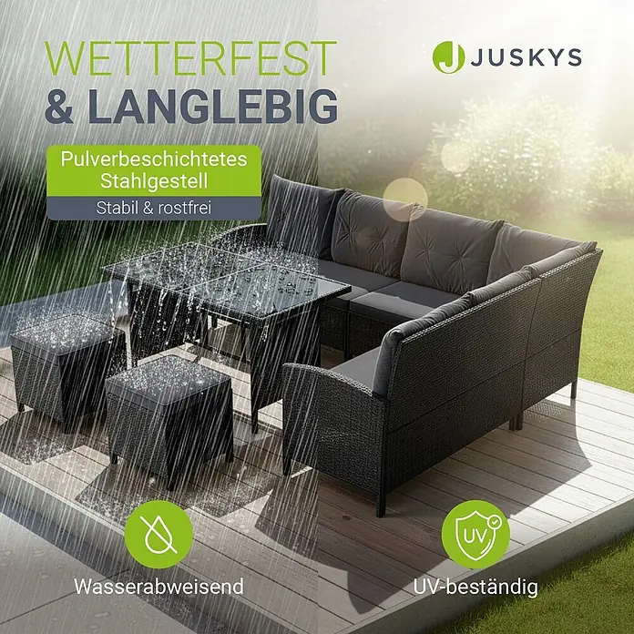 Juskys Loungemöbel-Set Manacor - 4 -tlg., Gestell: Stahl, pulverbeschichtet; Geflecht: Polyrattan; Tischplatten: Sicherheitsglas; Sitzkissen: 100 % Schaumstoff; Bezüge: 100 % Polyester, Farbe Geflecht: SchwarzFarbe Bezüge: DunkelgrauStärke Glasplatte: 5 mmAnzahl Sitzkissen: 5Anzahl Rückenkissen: 7Kissenstärke: 5 cmBezüge: 220 g/m2, Dunkelgrau - Dunkle Rattan-Gartenlounge mit grauen Kissen und Glastisch auf Holzterrasse, im Regen zur Betonung der Wetterbeständigkeit.