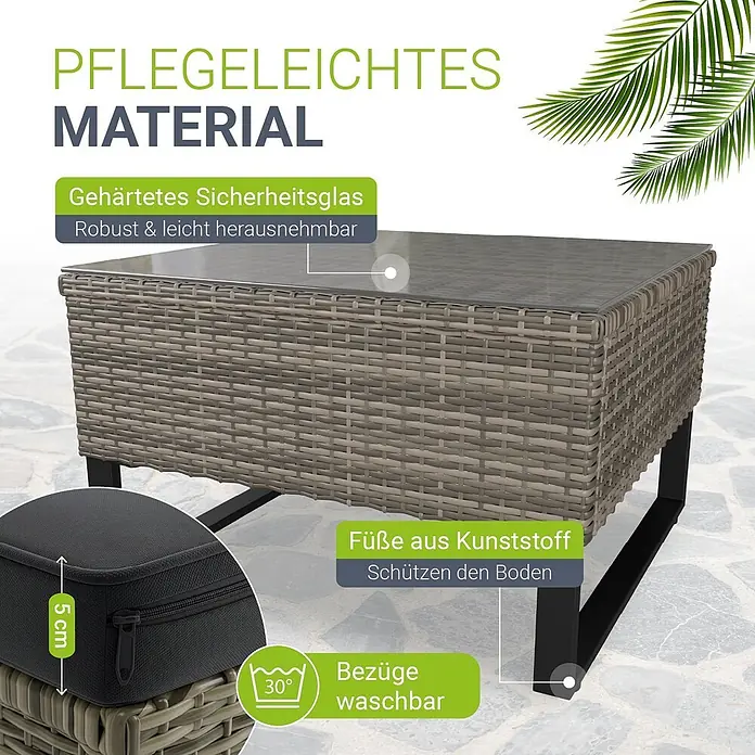 Juskys Loungemöbel-Set Santorini - 5 -tlg., Möbel: Stahl (pulverbeschichtet), Polyrattan, gehärtetes Glas; Polster/Kissen: 100 % Polyestergewebe; Abdeckung: 420D Oxford-Gewebe (100 g/m²), PU-Beschichtung, Grau - Rechteckiger grauer Rattan-Gartentisch mit gehärteter Sicherheitsglasplatte, schwarzen Metallbeinen, Kunststofffüßen und 5cm waschbaren Bezügen.