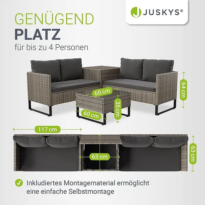 Juskys Loungemöbel-Set Santorini - 5 -tlg., Möbel: Stahl (pulverbeschichtet), Polyrattan, gehärtetes Glas; Polster/Kissen: 100 % Polyestergewebe; Abdeckung: 420D Oxford-Gewebe (100 g/m²), PU-Beschichtung, Grau - Rattan-Lounge-Set für draußen mit zwei 2-Sitzer-Sofas und Couchtisch, dunkelgrauen Polstern und Maßangaben.